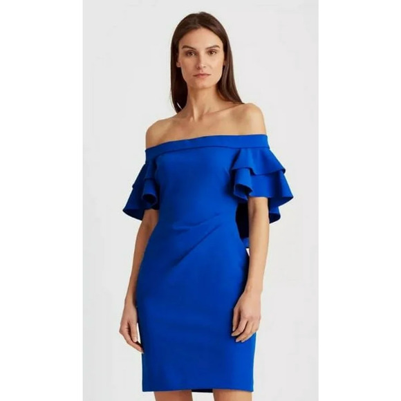 Lauren Ralph Lauren Womens Ruffle Off The Shoulder Sheath Cocktail Dress Size 4 - Picture 1 of 9